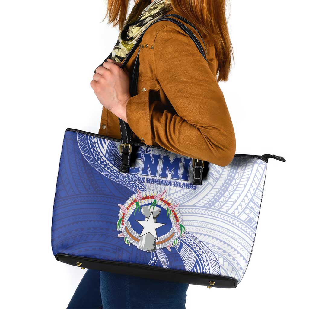 Northern Mariana Islands Leather Tote Bag CNMI Seal LT05 Blue - Polynesian Pride