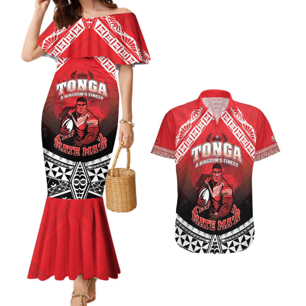 Custom Rugby Tonga MMT Couples Matching Mermaid Dress and Hawaiian Shirt Mana O Tonga - Polynesian Pride