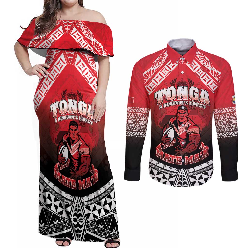 Custom Rugby Tonga MMT Couples Matching Off Shoulder Maxi Dress and Long Sleeve Button Shirt Mana O Tonga - Polynesian Pride