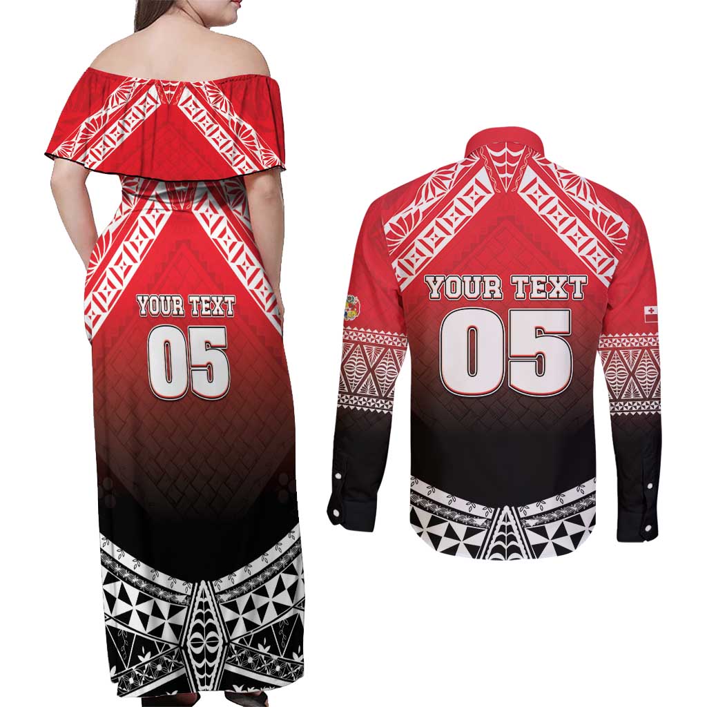 Custom Rugby Tonga MMT Couples Matching Off Shoulder Maxi Dress and Long Sleeve Button Shirt Mana O Tonga - Polynesian Pride