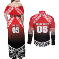 Custom Rugby Tonga MMT Couples Matching Off Shoulder Maxi Dress and Long Sleeve Button Shirt Mana O Tonga - Polynesian Pride