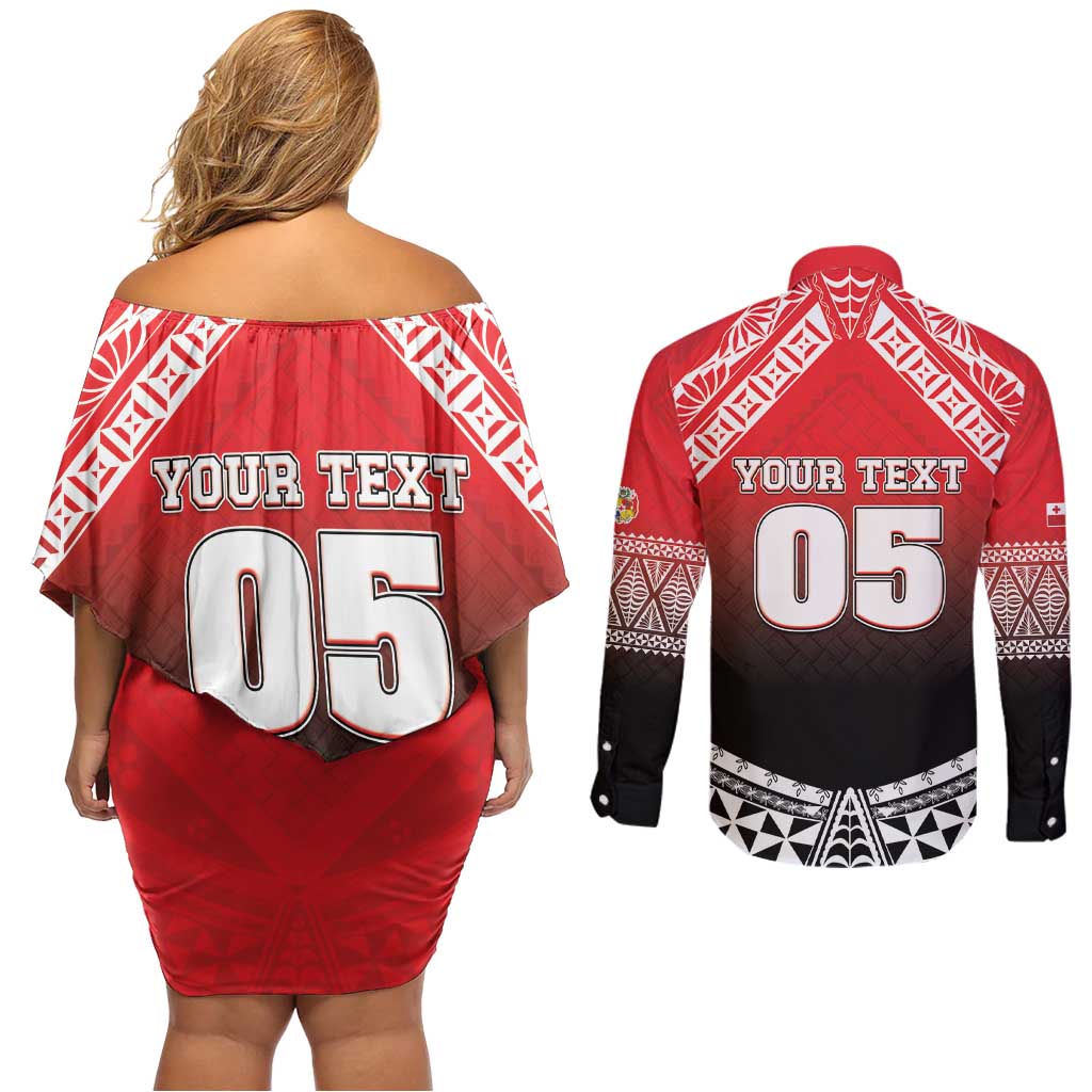 Custom Rugby Tonga MMT Couples Matching Off Shoulder Short Dress and Long Sleeve Button Shirt Mana O Tonga - Polynesian Pride