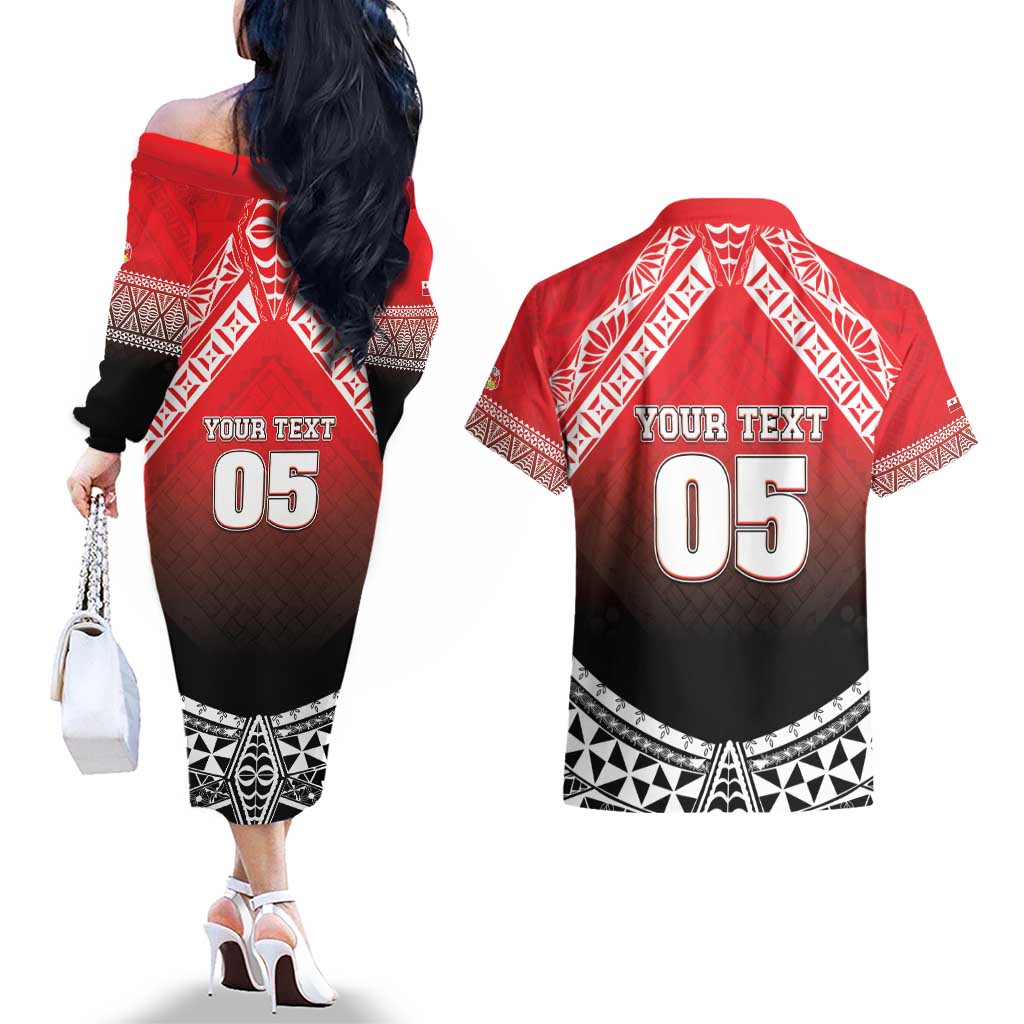 Custom Rugby Tonga MMT Couples Matching Off The Shoulder Long Sleeve Dress and Hawaiian Shirt Mana O Tonga - Polynesian Pride