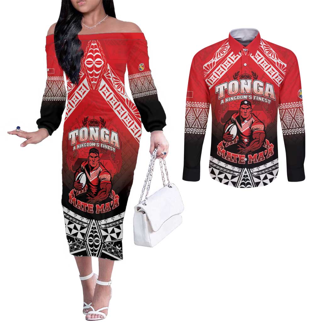 Custom Rugby Tonga MMT Couples Matching Off The Shoulder Long Sleeve Dress and Long Sleeve Button Shirt Mana O Tonga - Polynesian Pride