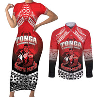 Custom Rugby Tonga MMT Couples Matching Short Sleeve Bodycon Dress and Long Sleeve Button Shirt Mana O Tonga - Polynesian Pride
