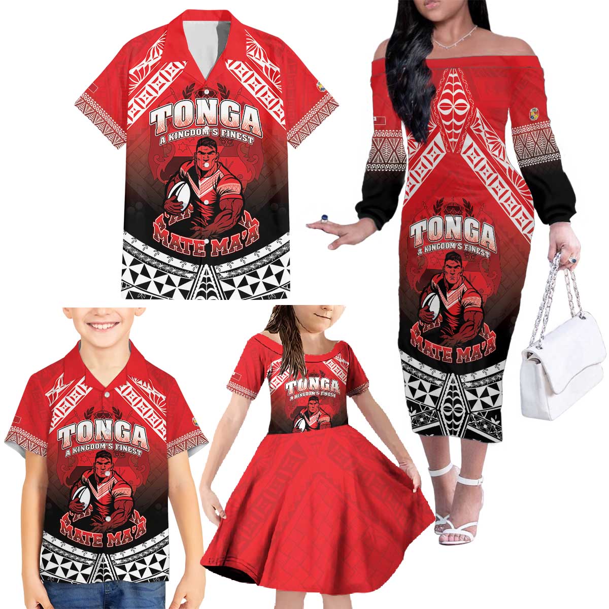 Custom Rugby Tonga MMT Family Matching Off The Shoulder Long Sleeve Dress and Hawaiian Shirt Mana O Tonga - Polynesian Pride
