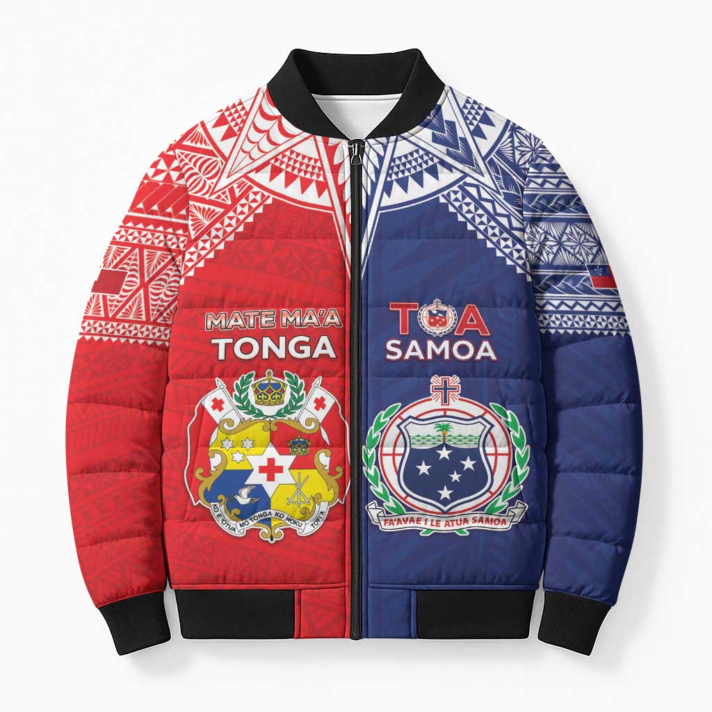 Custom Rugby Samoa And Tonga Bomber Puffer Jacket Toa Samoa With Mate Maa - Polynesian Pride