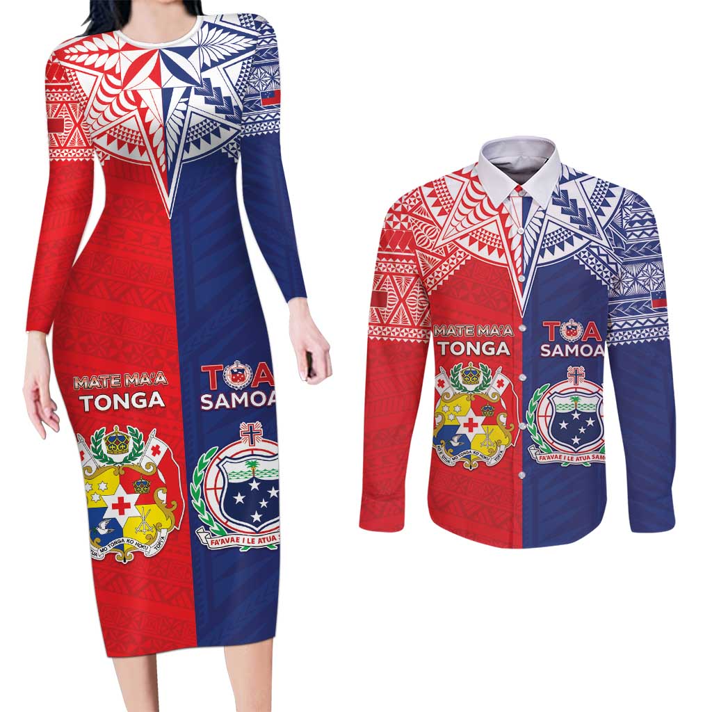 Custom Rugby Samoa And Tonga Couples Matching Long Sleeve Bodycon Dress and Long Sleeve Button Shirt Toa Samoa With Mate Maa - Polynesian Pride