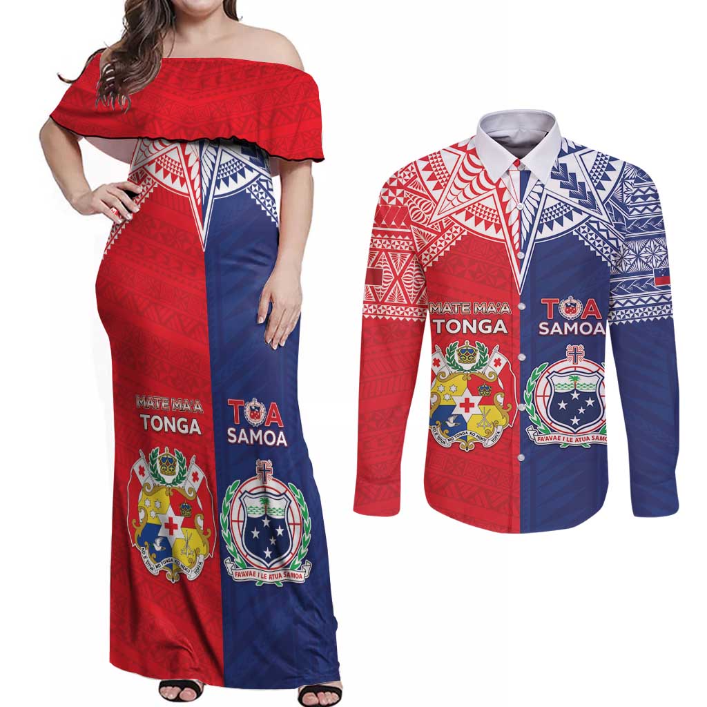 Custom Rugby Samoa And Tonga Couples Matching Off Shoulder Maxi Dress and Long Sleeve Button Shirt Toa Samoa With Mate Maa - Polynesian Pride