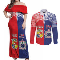 Custom Rugby Samoa And Tonga Couples Matching Off Shoulder Maxi Dress and Long Sleeve Button Shirt Toa Samoa With Mate Maa - Polynesian Pride