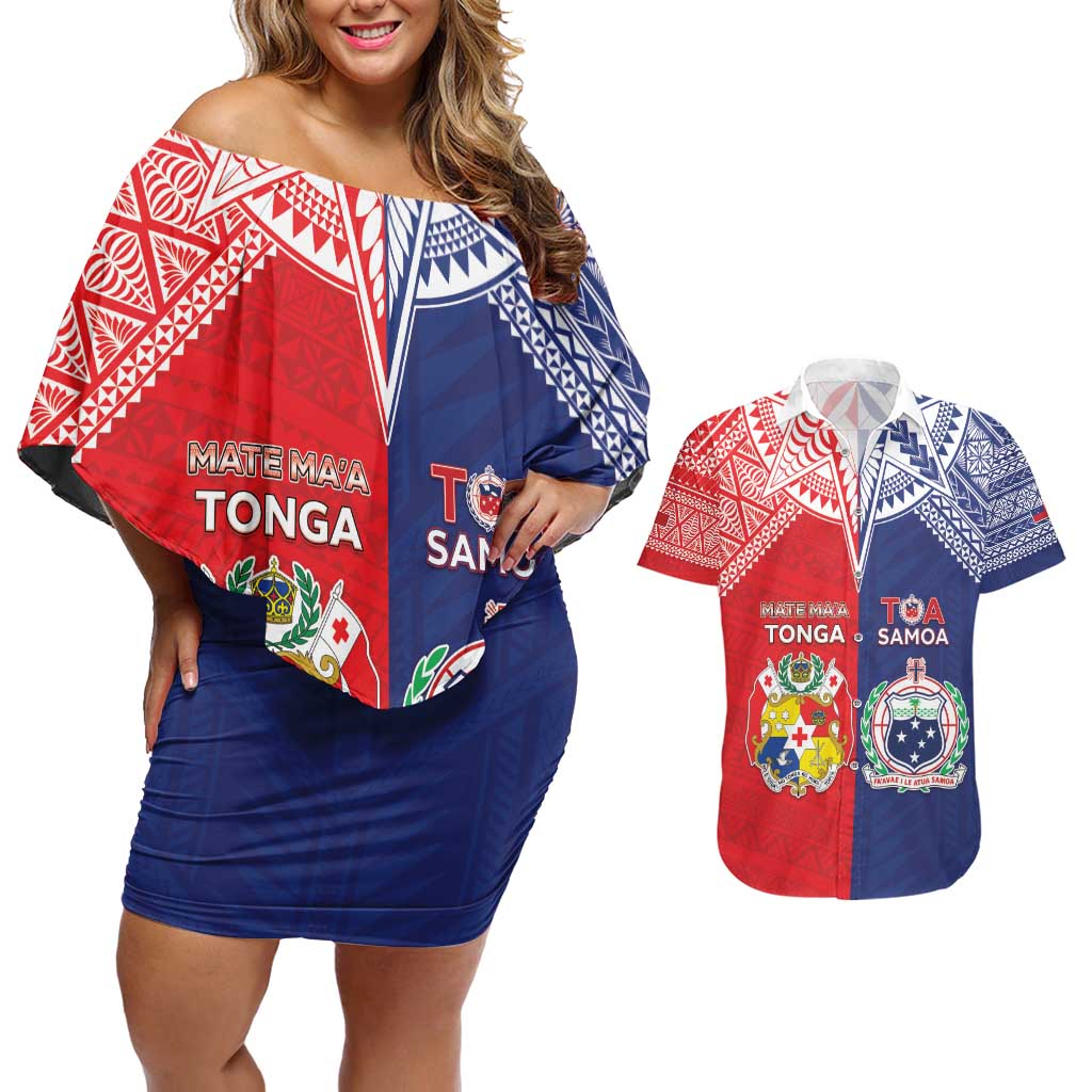 Custom Rugby Samoa And Tonga Couples Matching Off Shoulder Short Dress and Hawaiian Shirt Toa Samoa With Mate Maa - Polynesian Pride