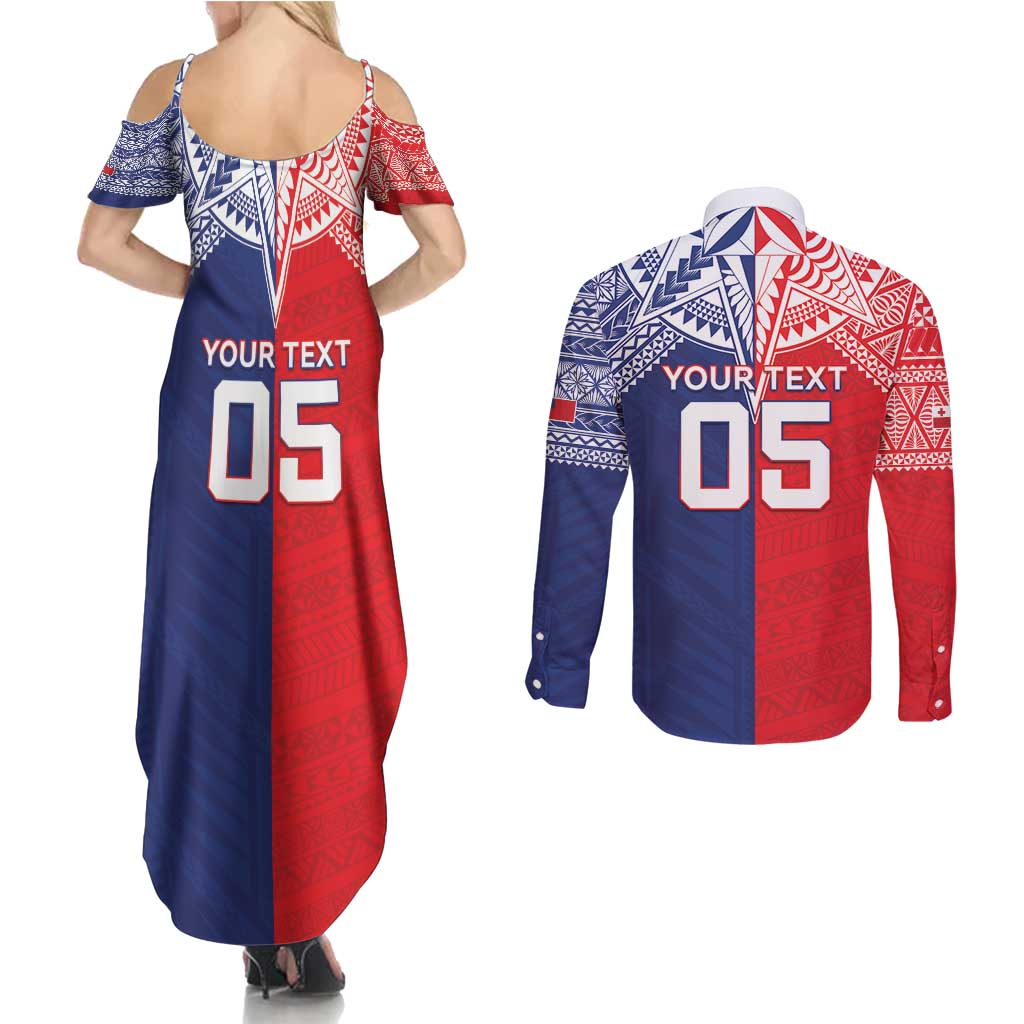 Custom Rugby Samoa And Tonga Couples Matching Summer Maxi Dress and Long Sleeve Button Shirt Toa Samoa With Mate Maa - Polynesian Pride