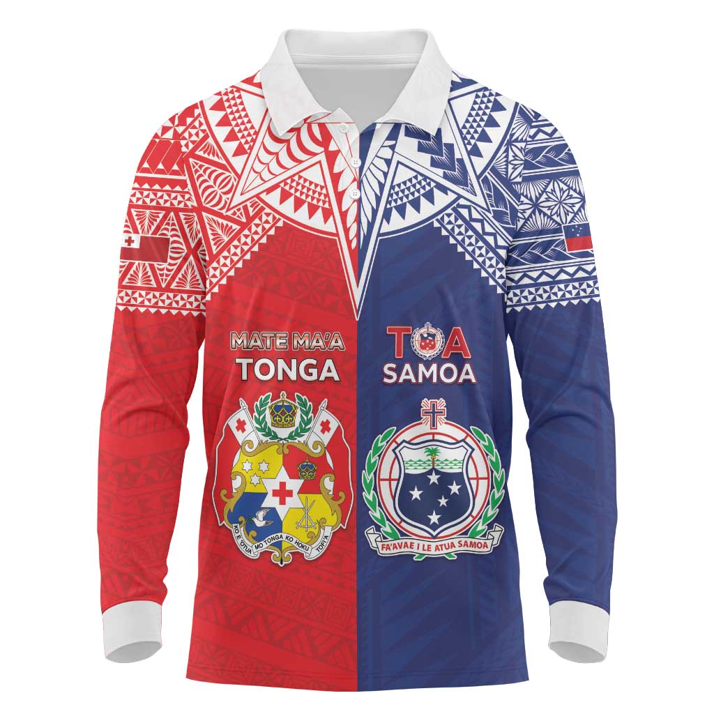 Custom Rugby Samoa And Tonga Long Sleeve Polo Shirt Toa Samoa With Mate Maa - Polynesian Pride