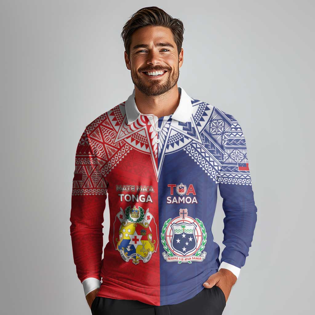 Custom Rugby Samoa And Tonga Long Sleeve Polo Shirt Toa Samoa With Mate Maa - Polynesian Pride