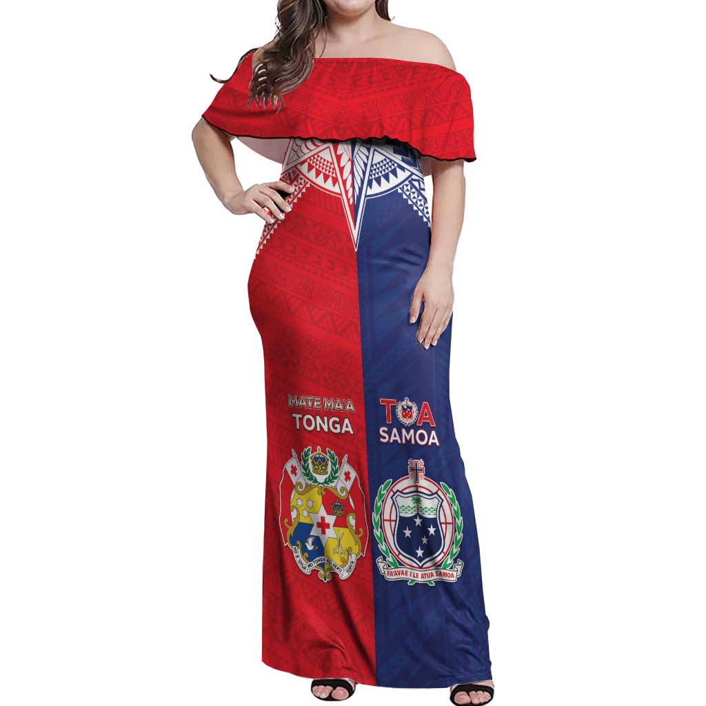 Custom Rugby Samoa And Tonga Off Shoulder Maxi Dress Toa Samoa With Mate Maa - Polynesian Pride