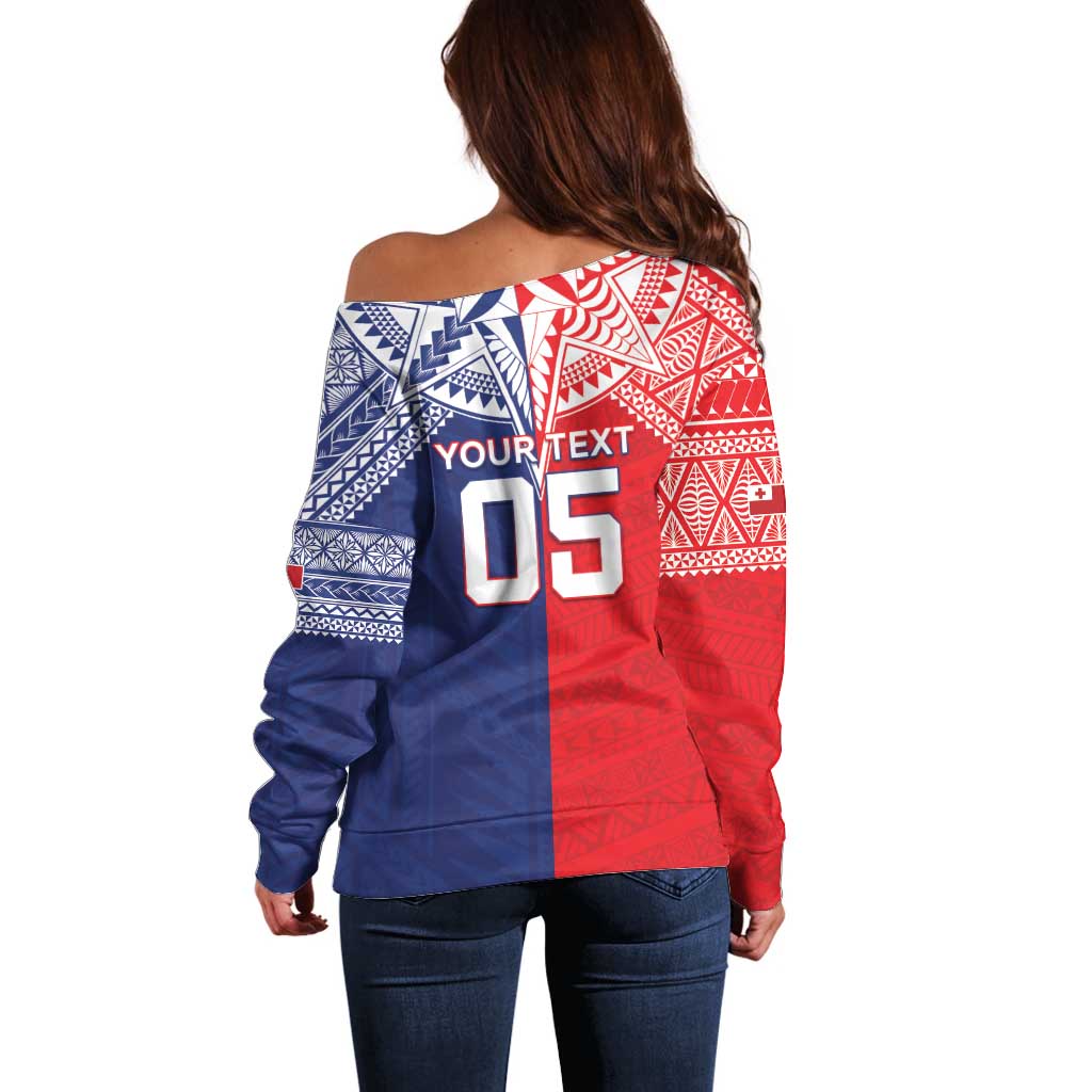 Custom Rugby Samoa And Tonga Off Shoulder Sweater Toa Samoa With Mate Maa - Polynesian Pride