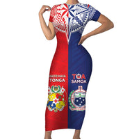Custom Rugby Samoa And Tonga Short Sleeve Bodycon Dress Toa Samoa With Mate Maa - Polynesian Pride