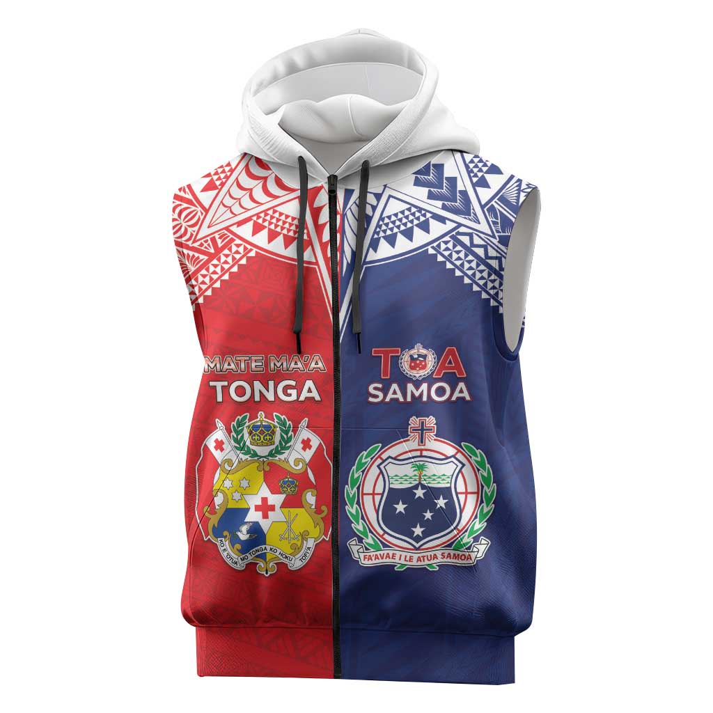 Custom Rugby Samoa And Tonga Sleeveless Zip Hoodie Toa Samoa With Mate Maa - Polynesian Pride