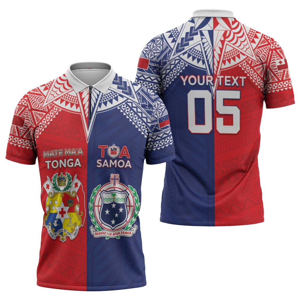 Custom Rugby Samoa And Tonga Zipper Polo Shirt Toa Samoa With Mate Maa - Polynesian Pride