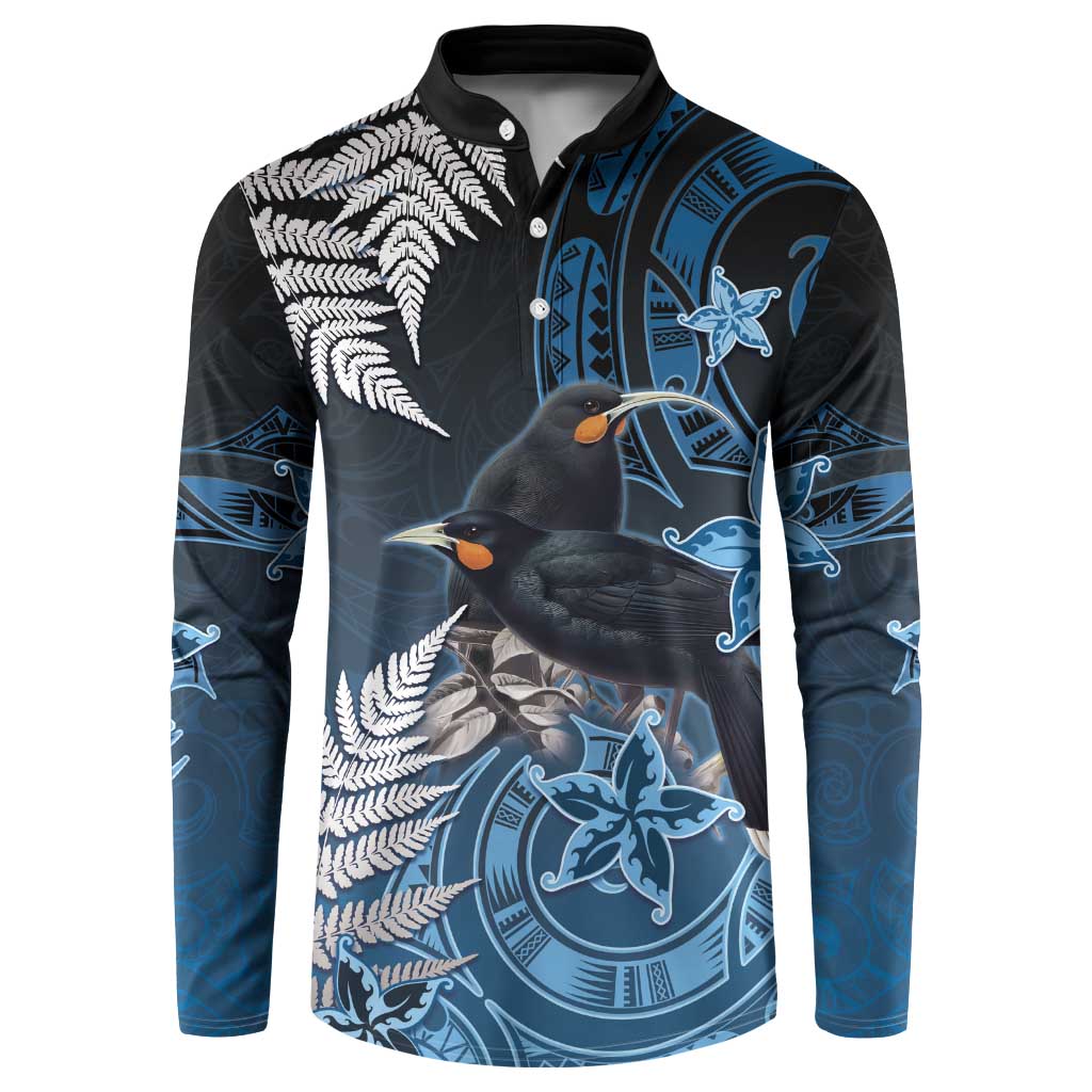 New Zealand Huia Bird Button Sweatshirt Aotearoa Maori Pattern