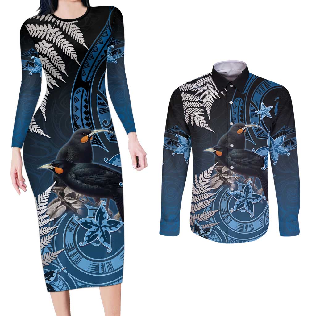 New Zealand Huia Bird Couples Matching Long Sleeve Bodycon Dress and Long Sleeve Button Shirt Aotearoa Maori Pattern