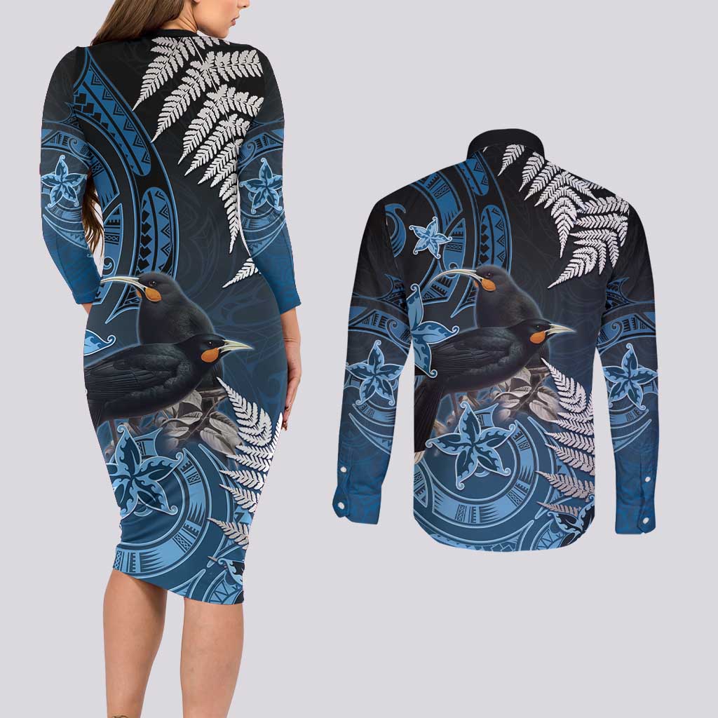 New Zealand Huia Bird Couples Matching Long Sleeve Bodycon Dress and Long Sleeve Button Shirt Aotearoa Maori Pattern
