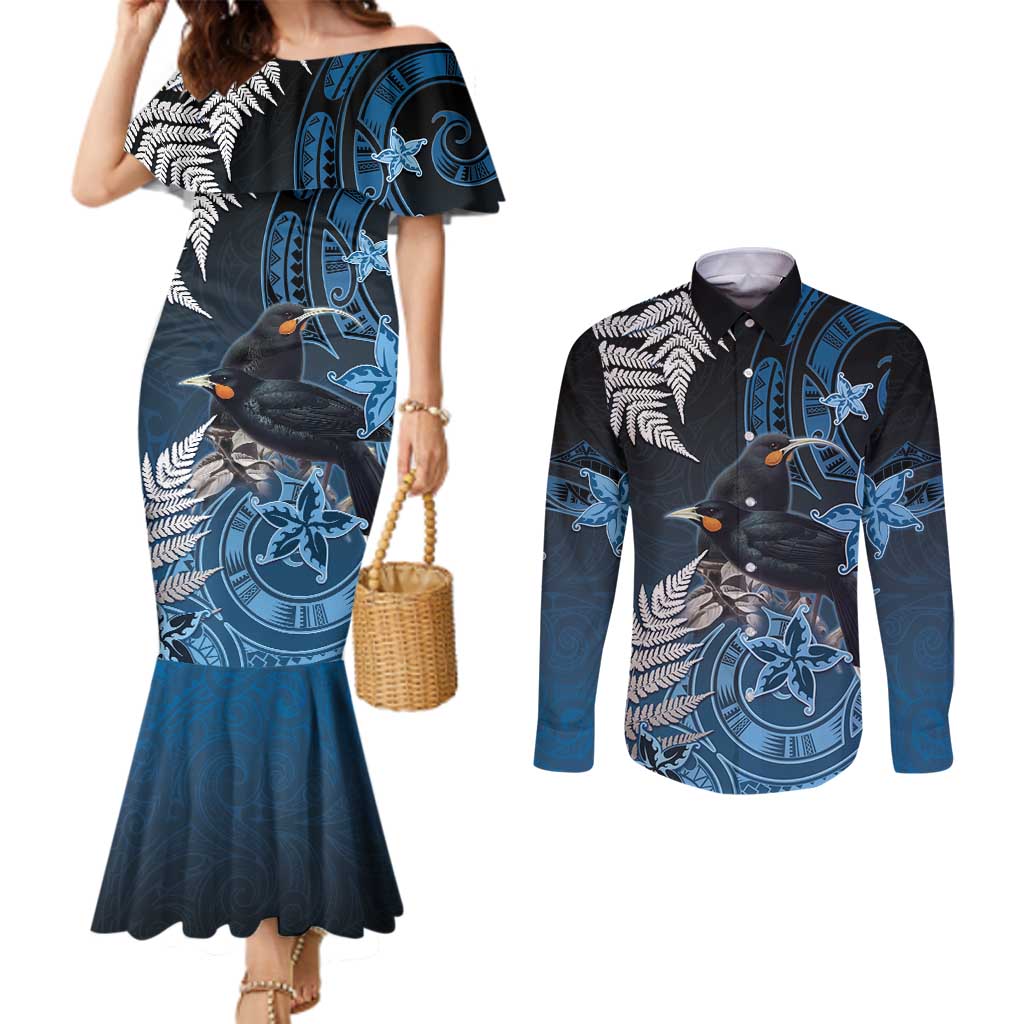 New Zealand Huia Bird Couples Matching Mermaid Dress and Long Sleeve Button Shirt Aotearoa Maori Pattern