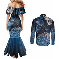 New Zealand Huia Bird Couples Matching Mermaid Dress and Long Sleeve Button Shirt Aotearoa Maori Pattern