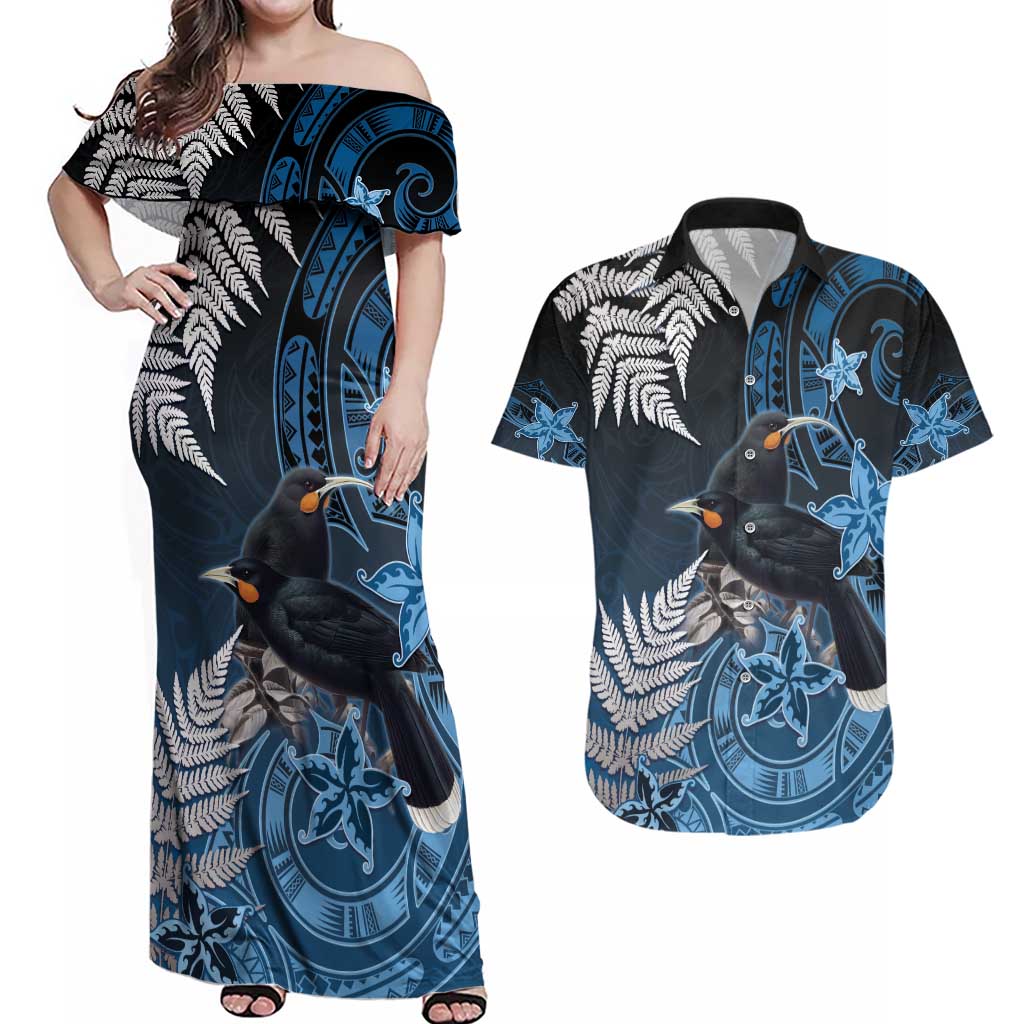 New Zealand Huia Bird Couples Matching Off Shoulder Maxi Dress and Hawaiian Shirt Aotearoa Maori Pattern