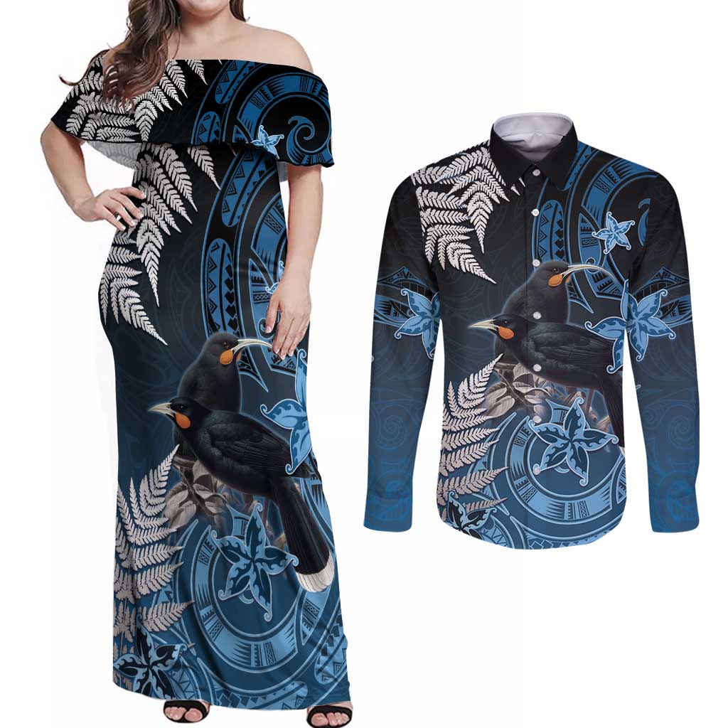 New Zealand Huia Bird Couples Matching Off Shoulder Maxi Dress and Long Sleeve Button Shirt Aotearoa Maori Pattern