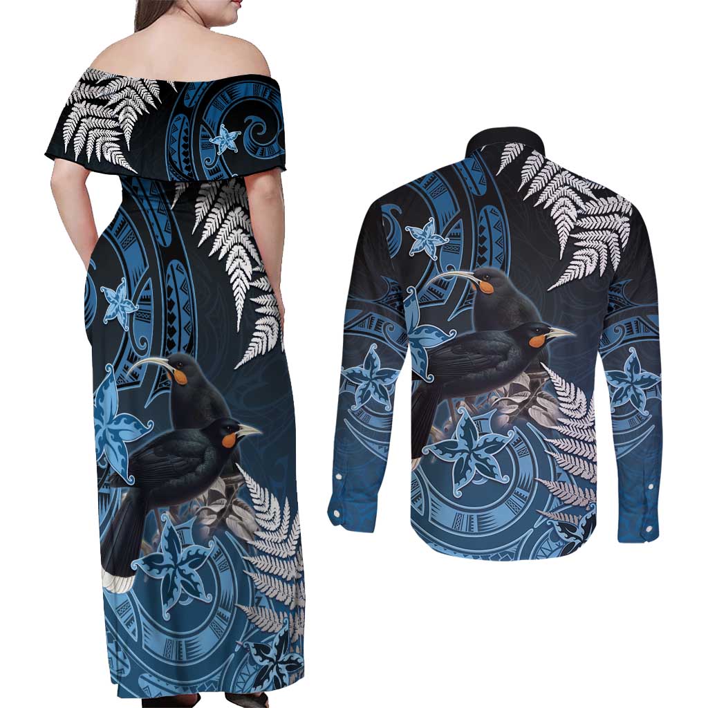 New Zealand Huia Bird Couples Matching Off Shoulder Maxi Dress and Long Sleeve Button Shirt Aotearoa Maori Pattern