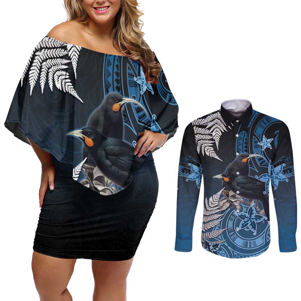 New Zealand Huia Bird Couples Matching Off Shoulder Short Dress and Long Sleeve Button Shirt Aotearoa Maori Pattern