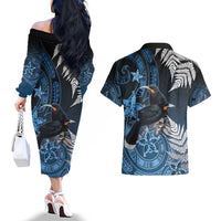 New Zealand Huia Bird Couples Matching Off The Shoulder Long Sleeve Dress and Hawaiian Shirt Aotearoa Maori Pattern