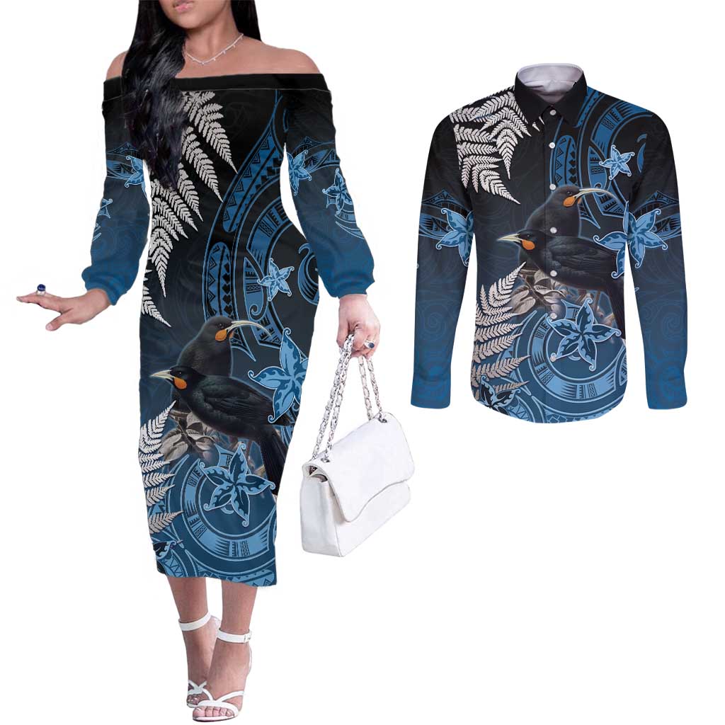 New Zealand Huia Bird Couples Matching Off The Shoulder Long Sleeve Dress and Long Sleeve Button Shirt Aotearoa Maori Pattern