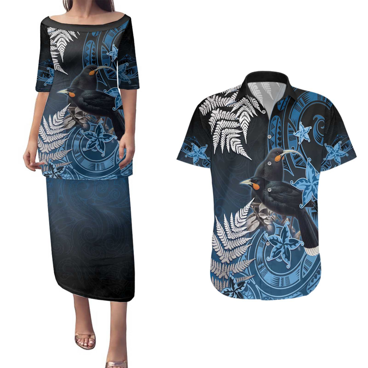 New Zealand Huia Bird Couples Matching Puletasi and Hawaiian Shirt Aotearoa Maori Pattern