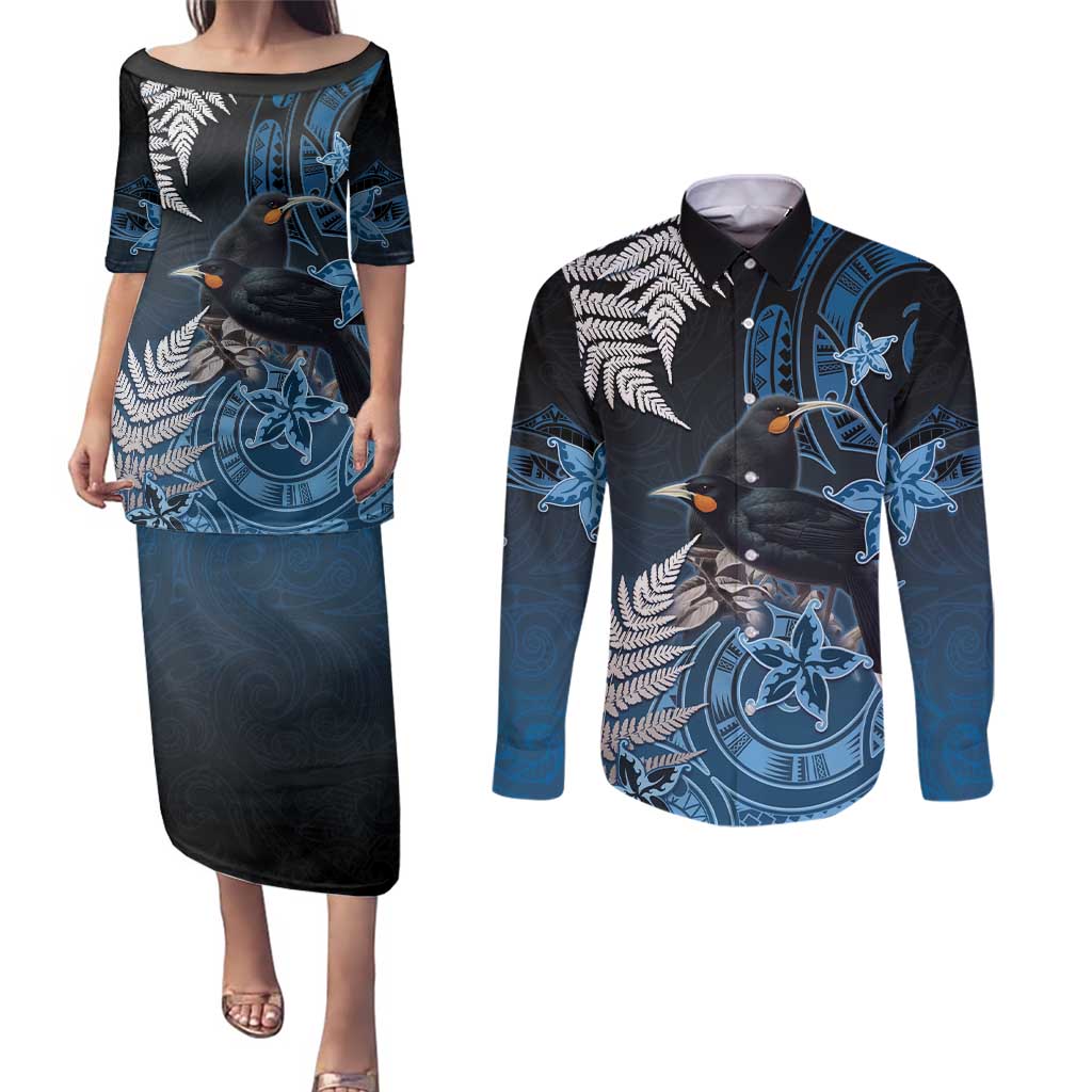 New Zealand Huia Bird Couples Matching Puletasi and Long Sleeve Button Shirt Aotearoa Maori Pattern