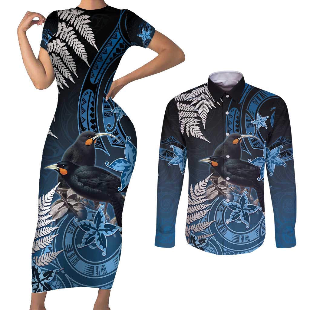 New Zealand Huia Bird Couples Matching Short Sleeve Bodycon Dress and Long Sleeve Button Shirt Aotearoa Maori Pattern