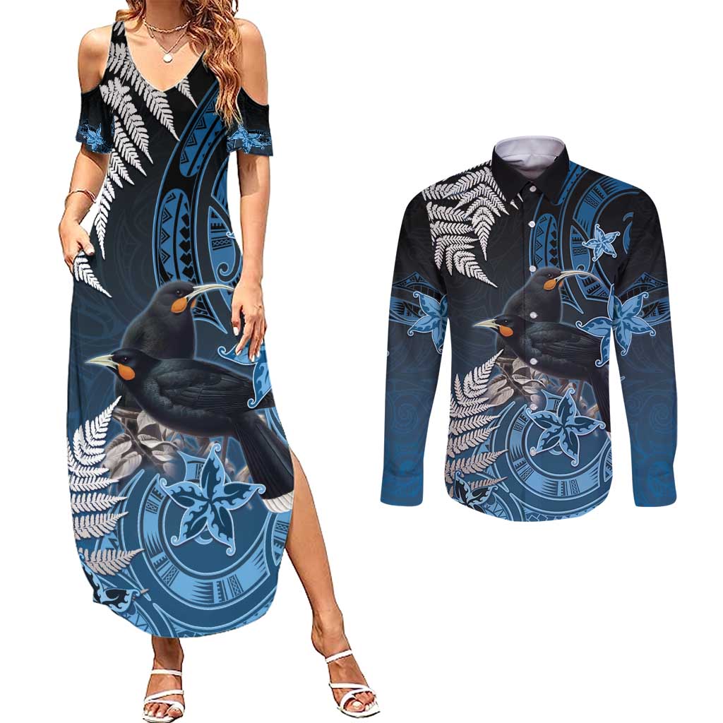 New Zealand Huia Bird Couples Matching Summer Maxi Dress and Long Sleeve Button Shirt Aotearoa Maori Pattern