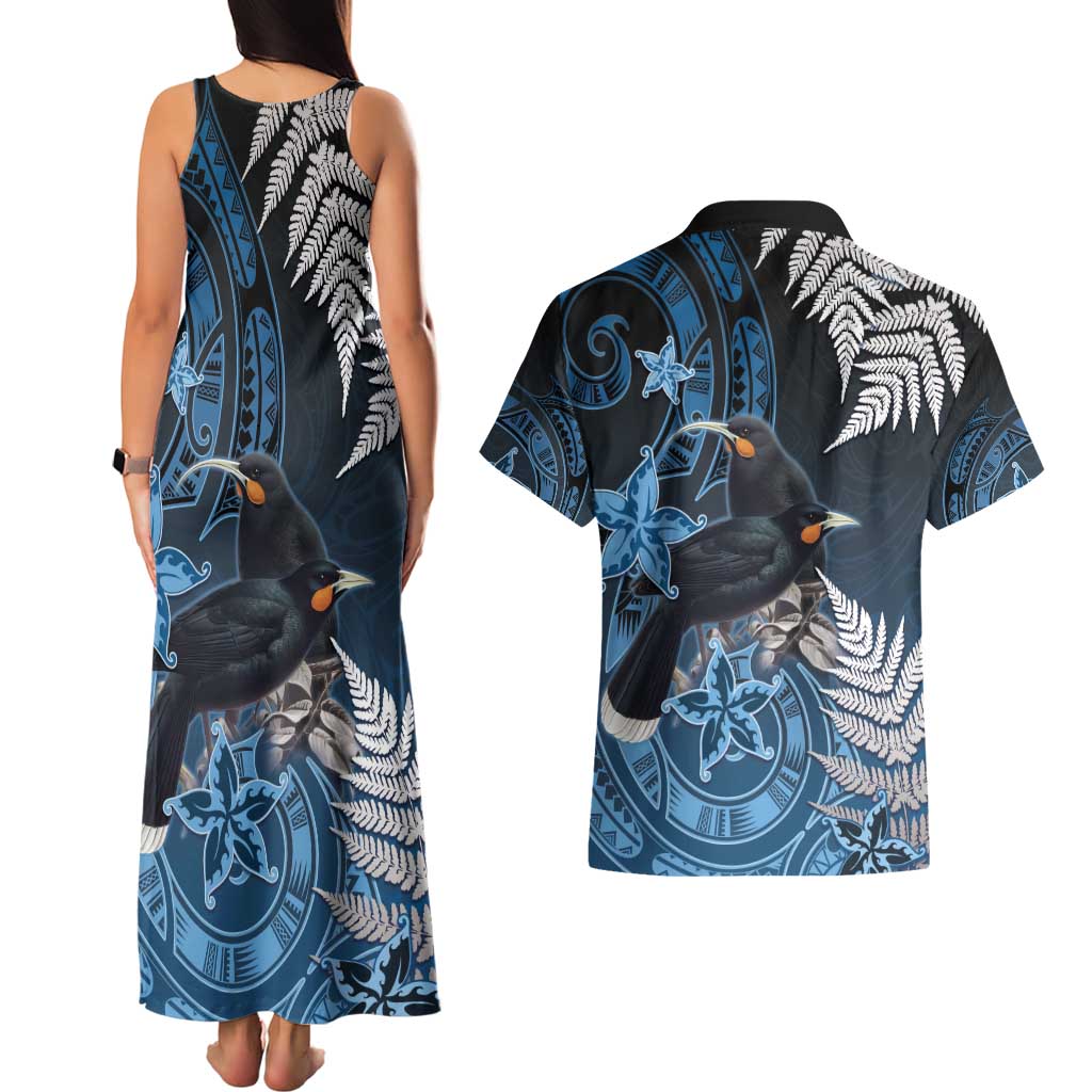 New Zealand Huia Bird Couples Matching Tank Maxi Dress and Hawaiian Shirt Aotearoa Maori Pattern