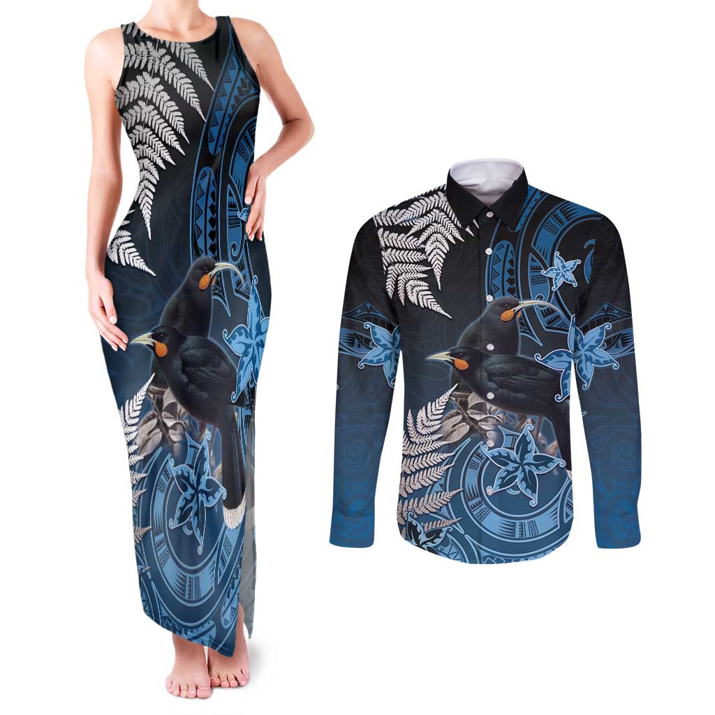 New Zealand Huia Bird Couples Matching Tank Maxi Dress and Long Sleeve Button Shirt Aotearoa Maori Pattern