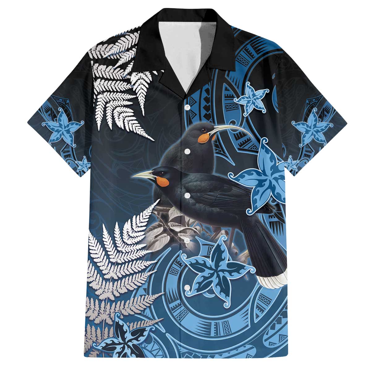 New Zealand Huia Bird Family Matching Off The Shoulder Long Sleeve Dress and Hawaiian Shirt Aotearoa Maori Pattern