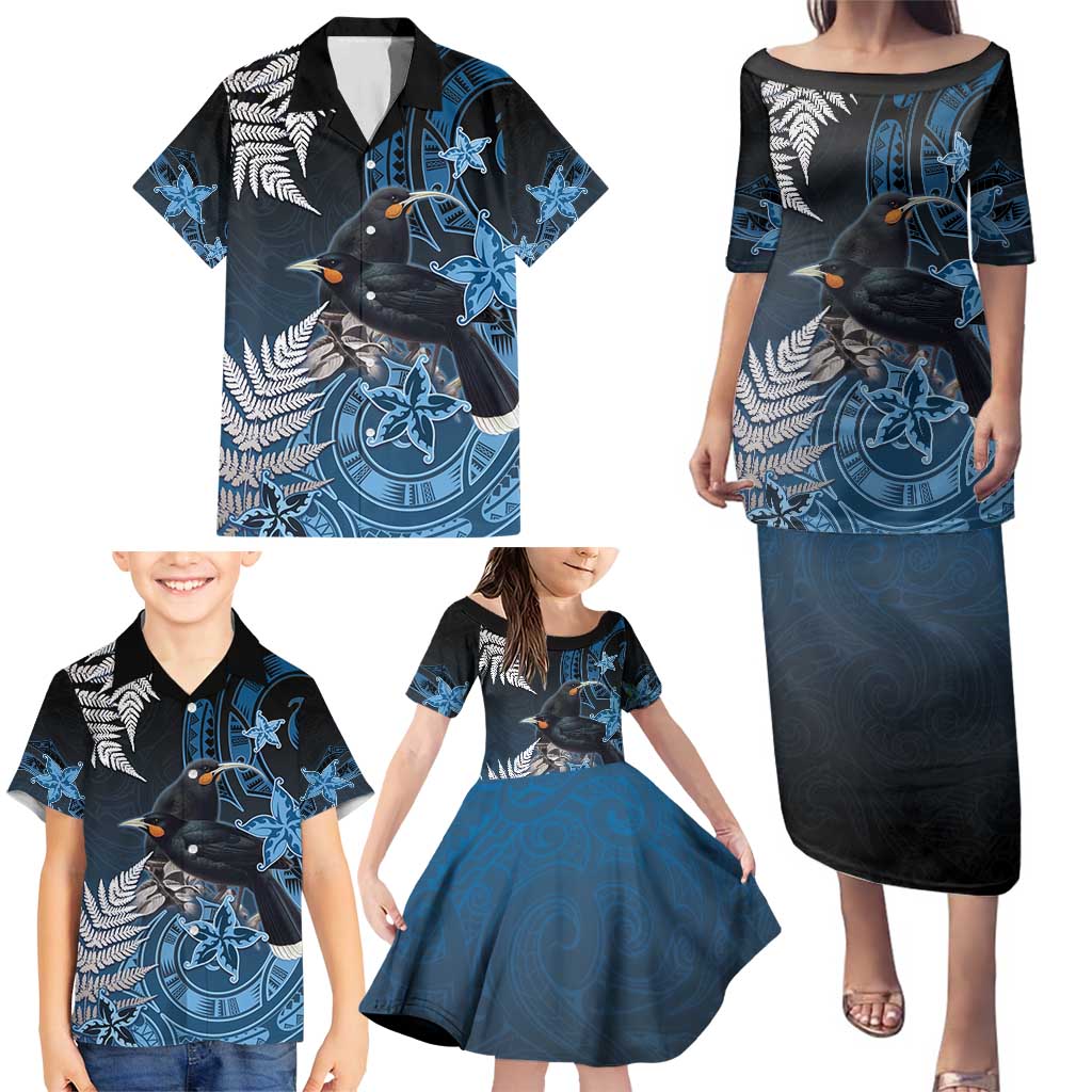 New Zealand Huia Bird Family Matching Puletasi and Hawaiian Shirt Aotearoa Maori Pattern