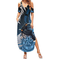 New Zealand Huia Bird Family Matching Summer Maxi Dress and Hawaiian Shirt Aotearoa Maori Pattern