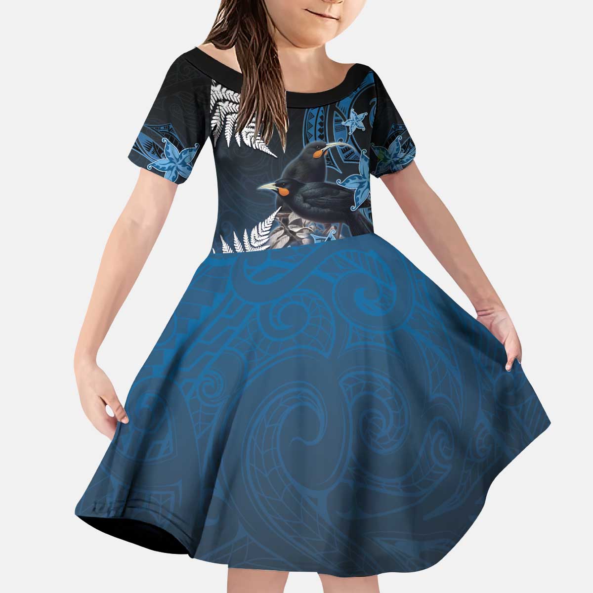 New Zealand Huia Bird Kid Short Sleeve Dress Aotearoa Maori Pattern