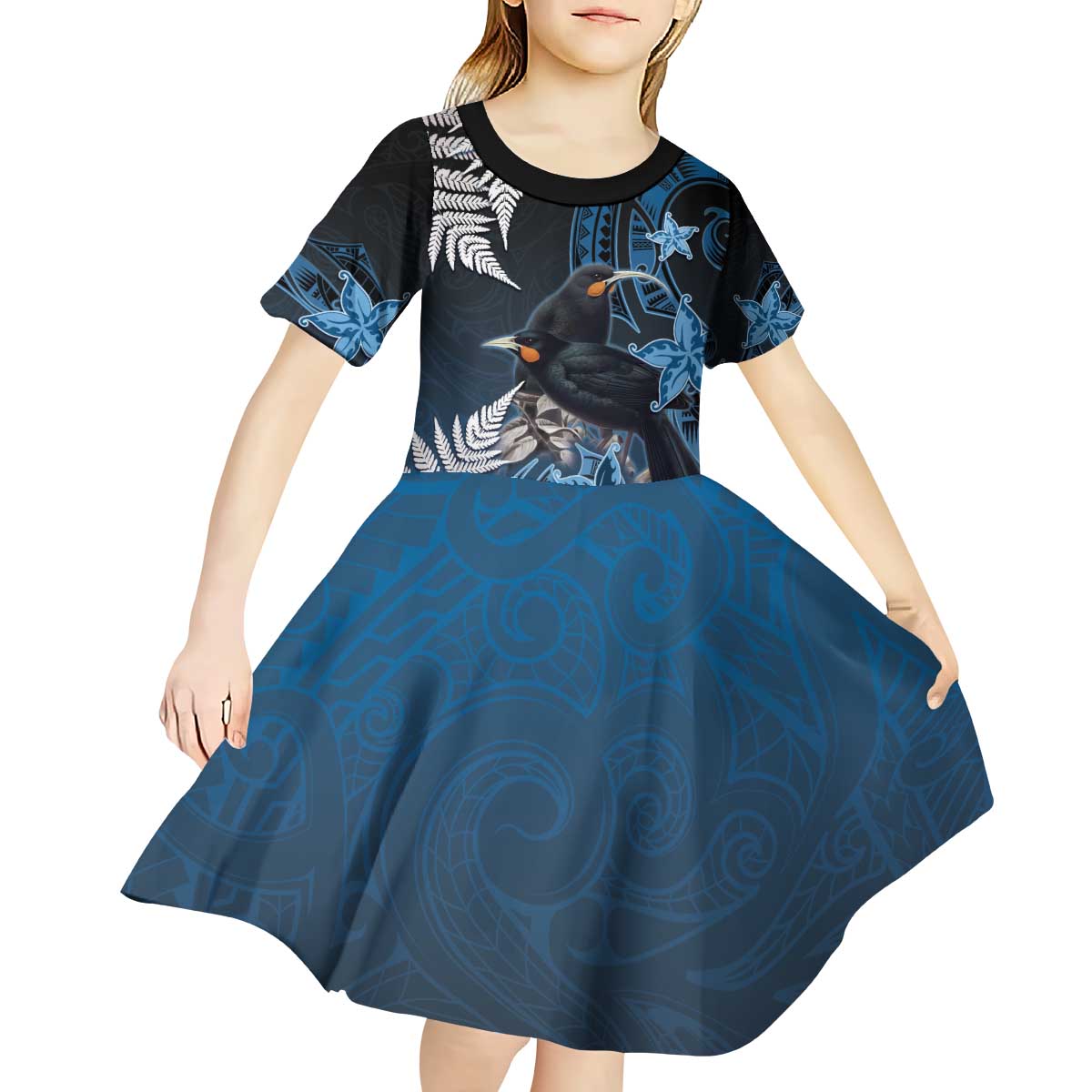 New Zealand Huia Bird Kid Short Sleeve Dress Aotearoa Maori Pattern