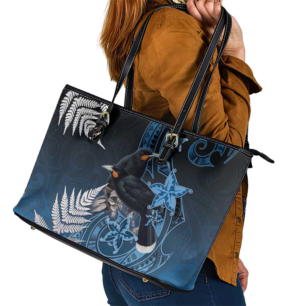 New Zealand Huia Bird Leather Tote Bag Aotearoa Maori Pattern
