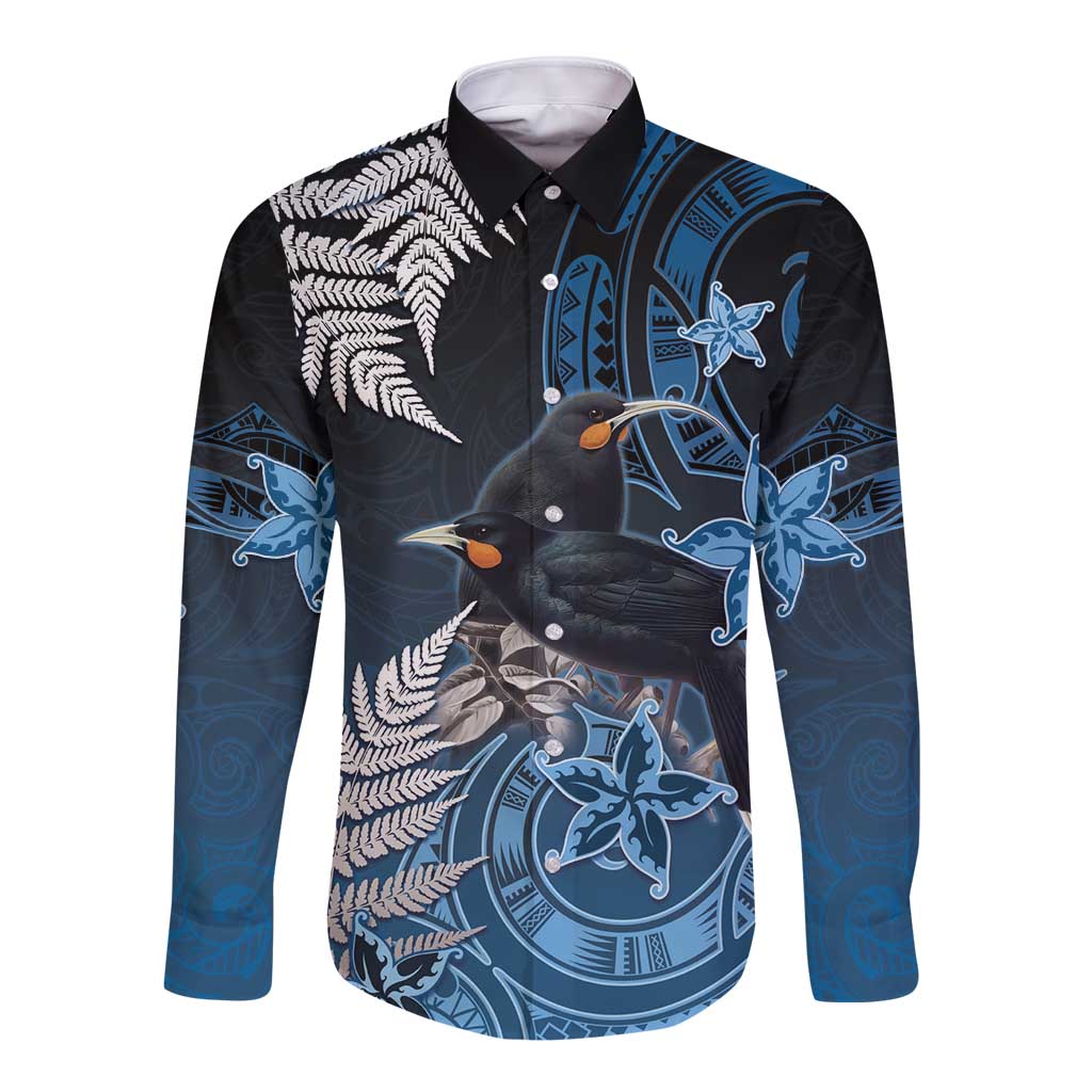 New Zealand Huia Bird Long Sleeve Button Shirt Aotearoa Maori Pattern