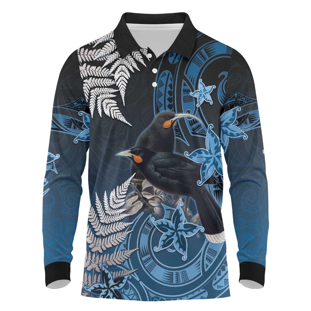 New Zealand Huia Bird Long Sleeve Polo Shirt Aotearoa Maori Pattern