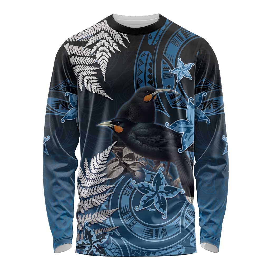 New Zealand Huia Bird Long Sleeve Shirt Aotearoa Maori Pattern