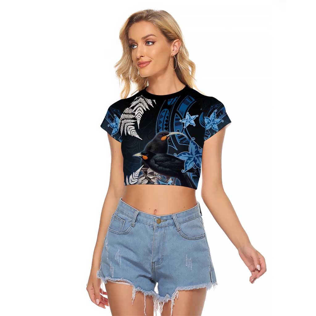 New Zealand Huia Bird Raglan Cropped T Shirt Aotearoa Maori Pattern LT05 Female Navy - Polynesian Pride
